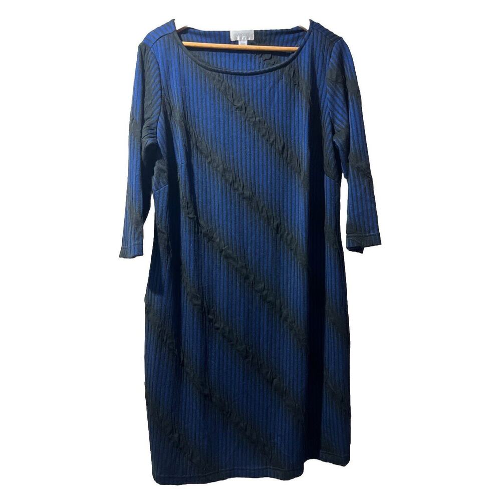 Avenue Blue Midi Dress with Subtle Black Stripe Texture